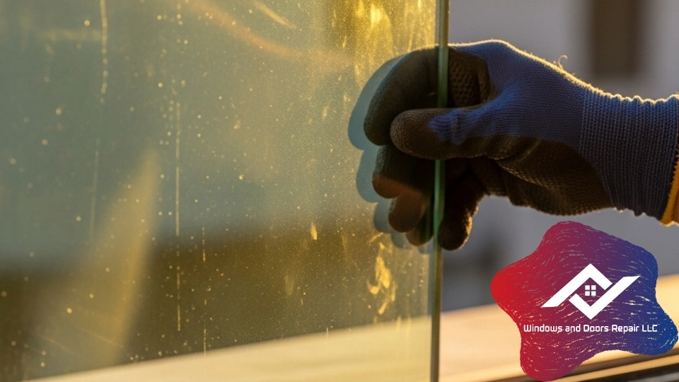 An expert technician performing a precise Low-E window glass replacement in an Austin home.