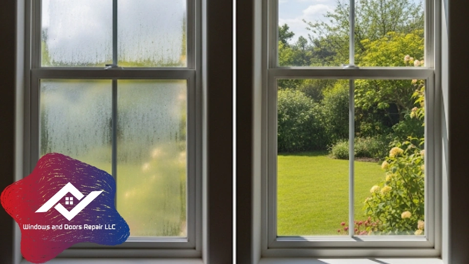 Before and after a double pane window repair Fort Worth, showing the successful removal of fog and condensation by our specialists.