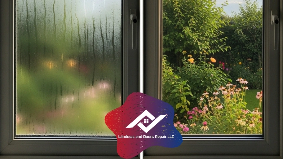 Before-and-after a double pane window repair San Antonio, showing the removal of fog and condensation.