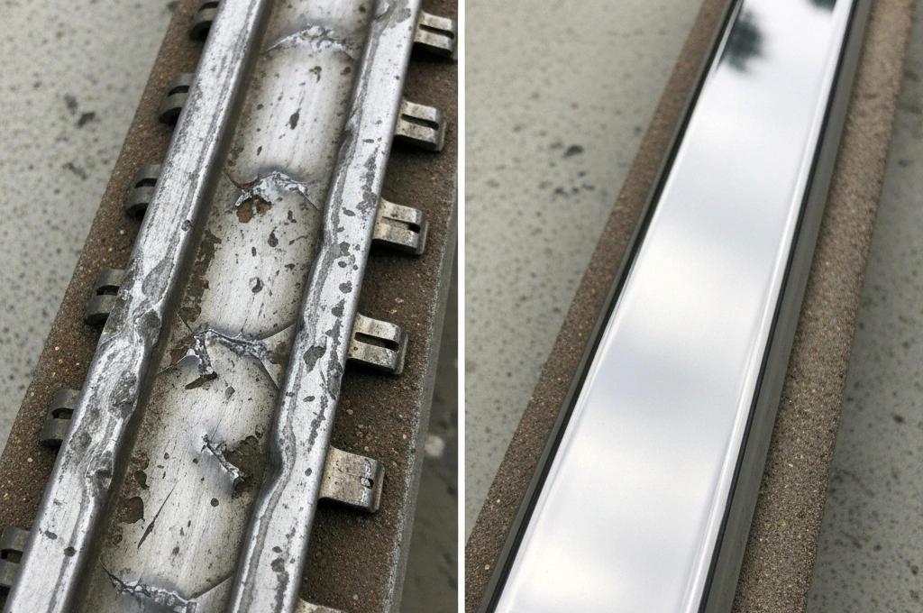Before and after a permanent sliding glass door track repair in Irving, TX.