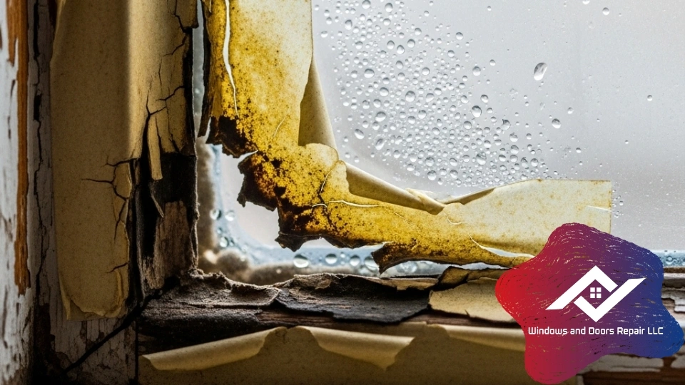 Ineffective and peeling window seal tape failing to seal a residential window.