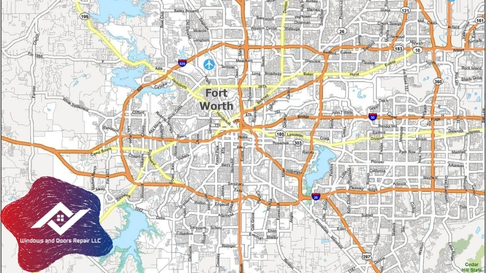 Our local window repair service area map for Fort Worth, showing we are the top choice for window repair near me