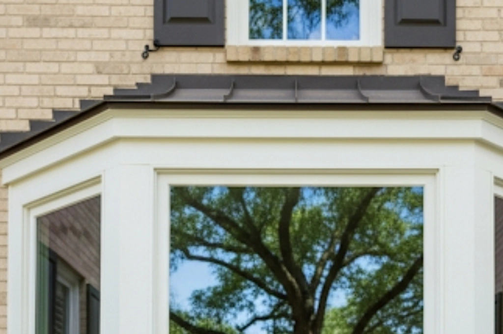 Our technician smiling in front of a perfectly clear, repaired bay window in a classic Tarrytown, Austin home.