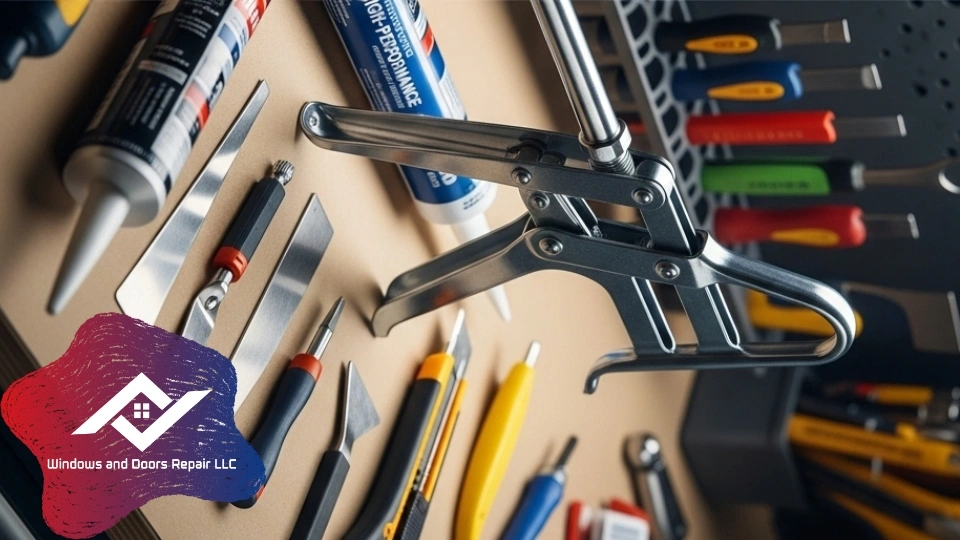 Professional tools for window repair next to an inferior DIY window sealing kit.