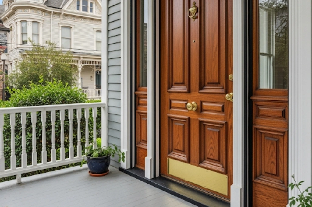 The beautifully sealed, classic wooden front door of the Johnson family's home in The Heights after our expert weatherstripping service.