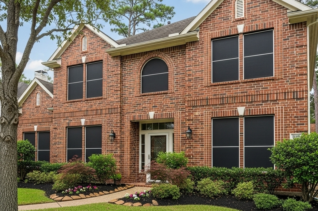 The front of an attractive two-story brick home in The Woodlands, with all the windows featuring new, matching dark solar screens.
