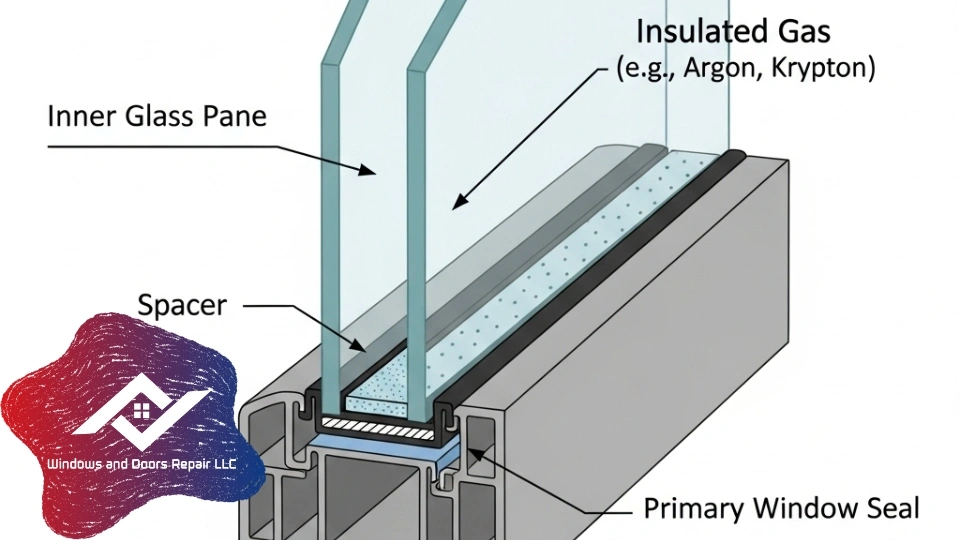 detailed cross-section diagram of a double-pane window seal and its components.