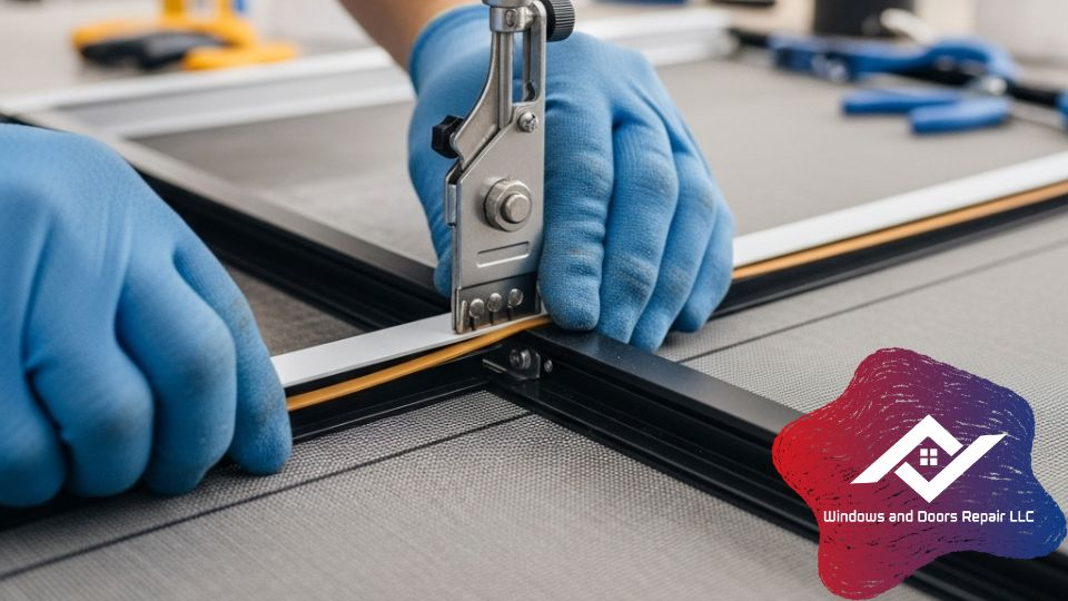 single, clear photo showing a professional technician expertly using a spline tool to install a new screen into a frame, highlighting the perfect, tight finish about services window screen repair houston