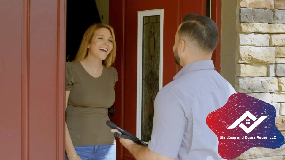 A Plano homeowner receiving a consultation for a residential door repair from an expert.