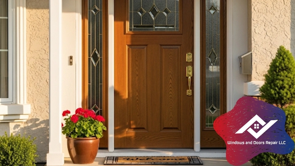 A beautiful and secure residential front door repair Fort Worth after a professional door repair service.