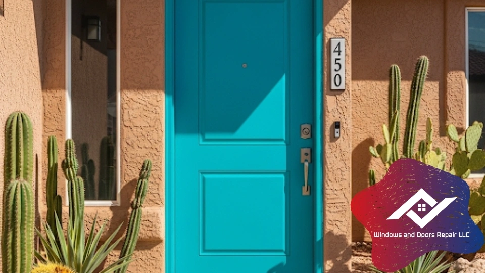 A beautiful, freshly painted residential front door repair El Paso home, closing perfectly after being repaired.