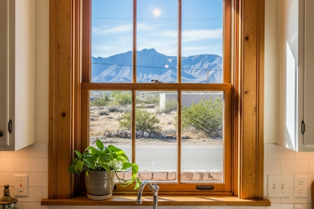 A beautifully restored vintage kitchen window in an El Paso home, now fully functional thanks to a repair by Windows And Doors Repair LLC.