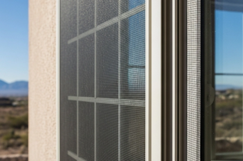 A brand new, perfectly installed window screen repair on an El Paso home, showcasing the tight, flawless mesh and professional finish.