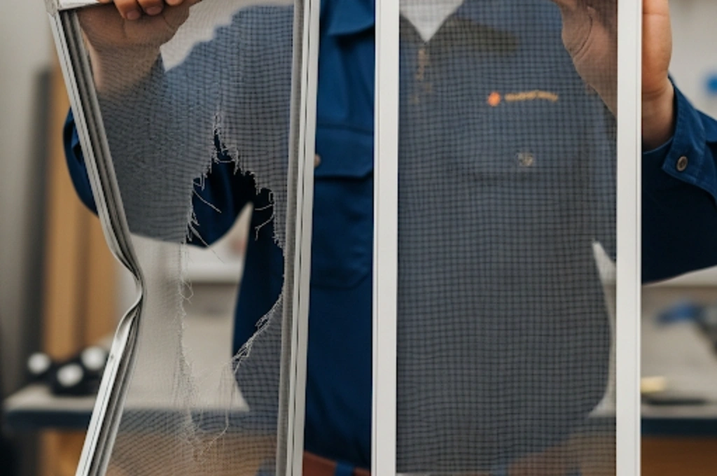 A certified technician from Windows And Doors Repair LLC smiling while holding up a custom-built window screen, ready for installation in an El Paso home.