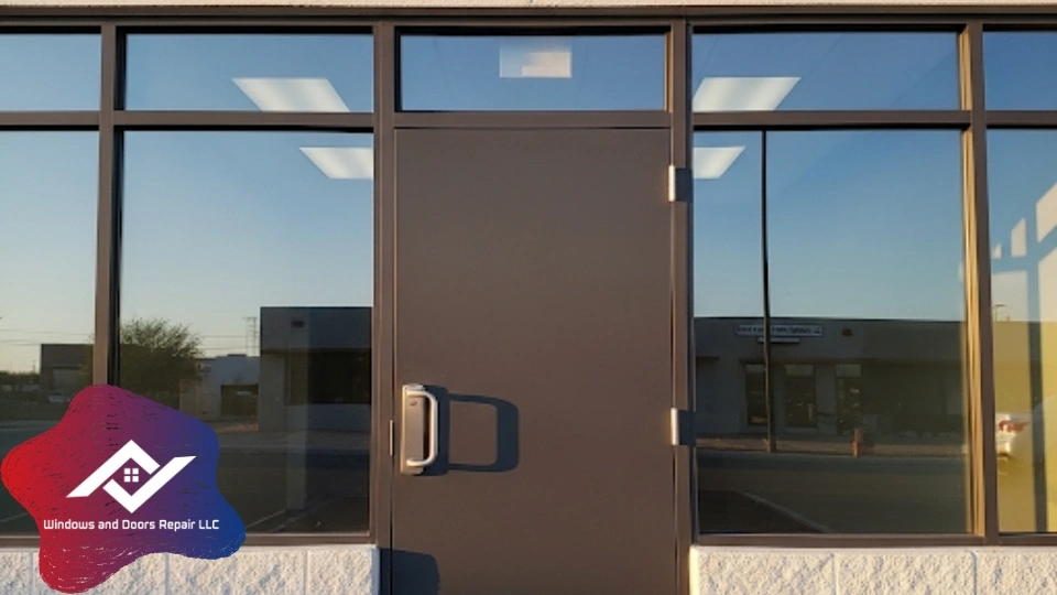 A clean, professional-looking commercial steel door on an El Paso business, recently serviced by Windows And Doors Repair LLC.