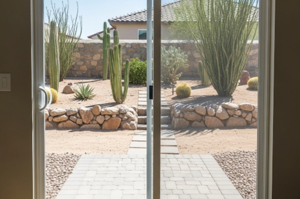 A crystal-clear sliding glass patio door in an El Paso home, shown gliding smoothly along its track after a successful repair.