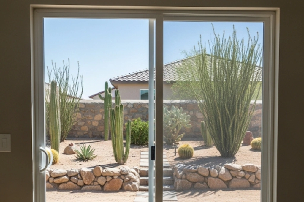 A crystal-clear view of the El Paso landscape seen through a newly replaced, fog-free sliding glass door panel.