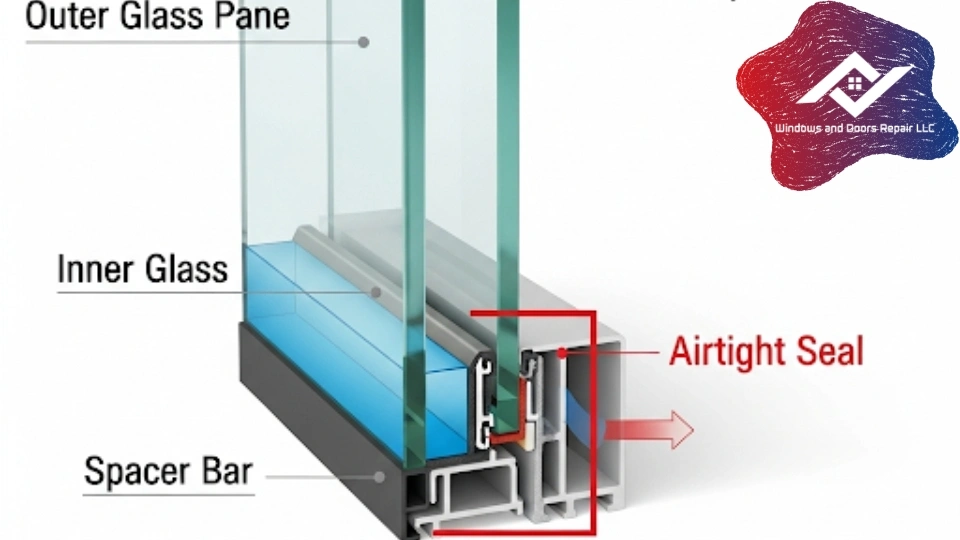 A diagram showing the cross-section of a double-pane window, highlighting the airtight seal between the glass panes.