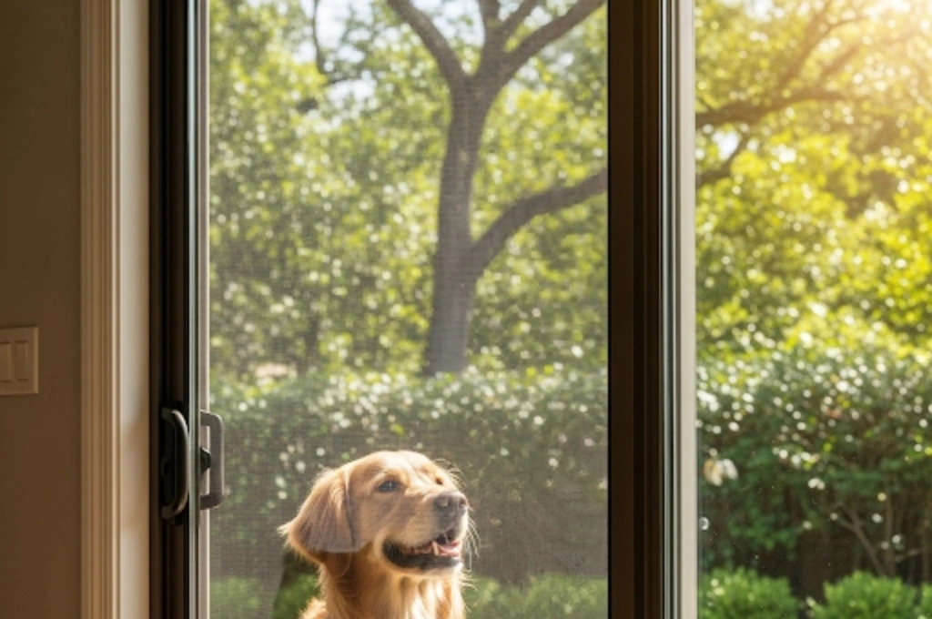 A durable, new pet-resistant screen installed on a sliding patio door in El Paso, looking clean and undamaged.