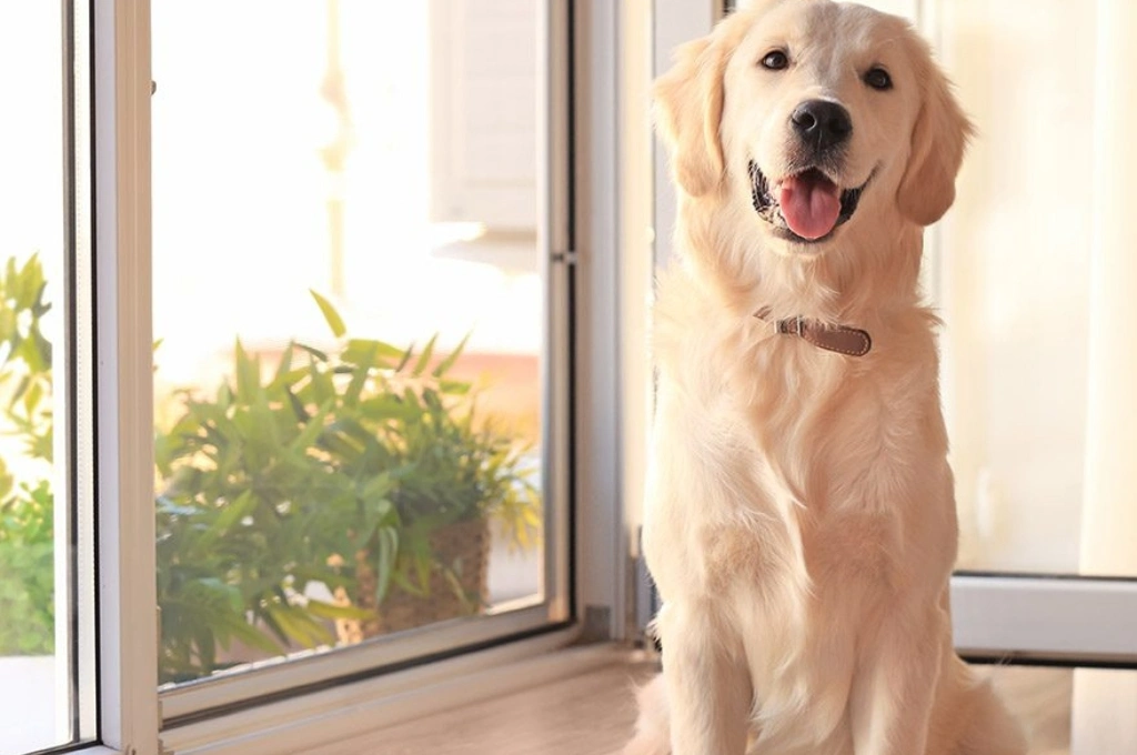 A durable, pet-resistant screen installed on a Garland patio door by Windows And Doors Repair LLC, effectively keeping pets in and pests out.
