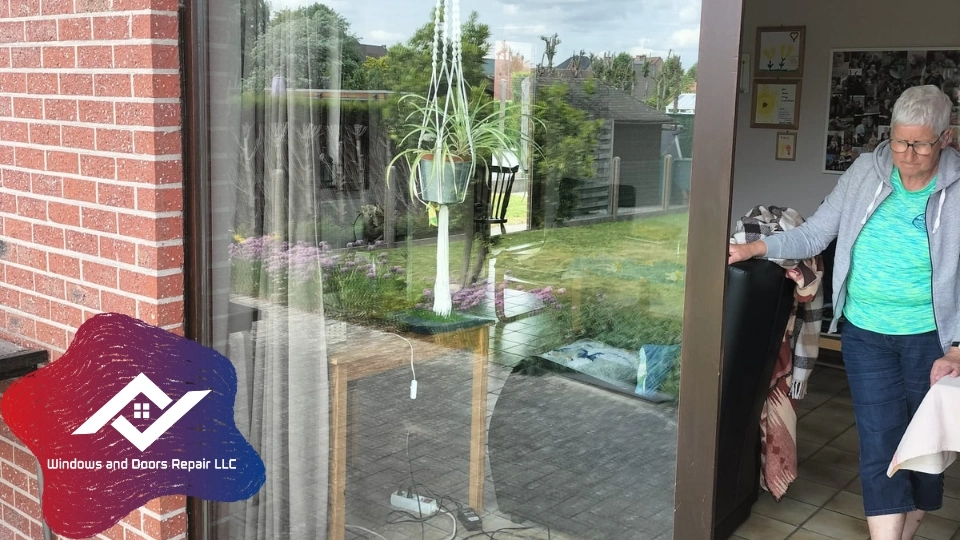 A happy arlington homeowner discussing their successful home window repair with a technician from Windows And Doors Repair LLC