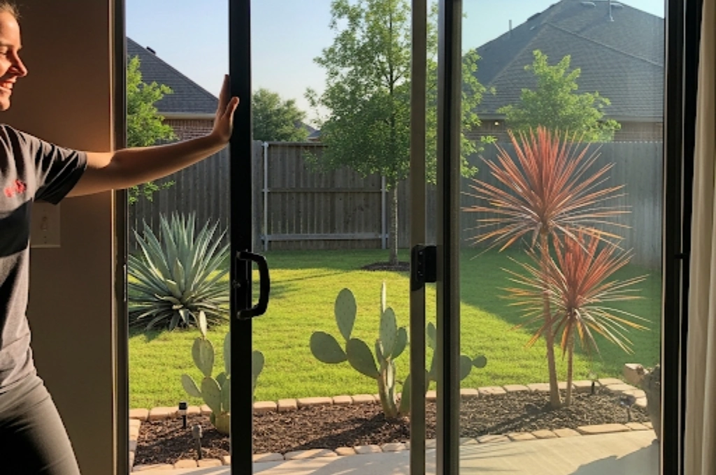 A homeowner effortlessly sliding a repaired patio door in their Benbrook home, showcasing a successful roller replacement.