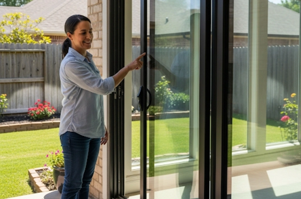 A homeowner in Benbrook effortlessly sliding their repaired patio door with one finger after a successful roller replacement.