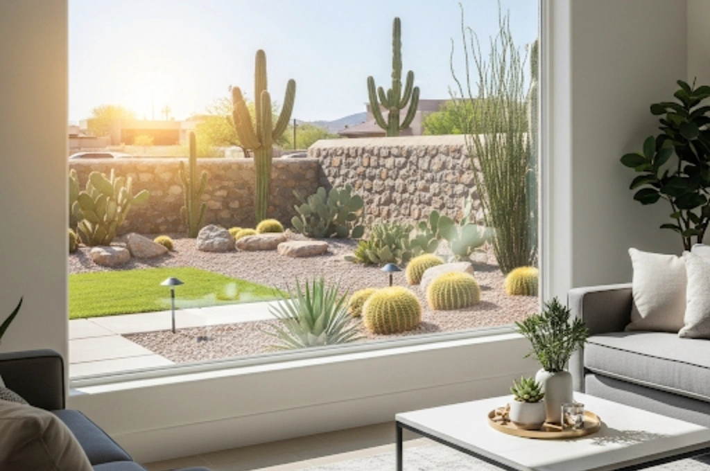 A large, crystal-clear picture window in an El Paso living room, looking out onto a sunny yard after a successful window seal repair.
