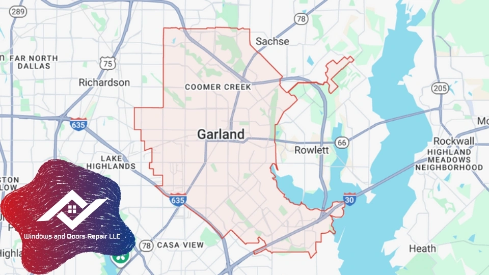A map showing Garland, TX, as the primary service area for those searching for window and door repair near me, serviced by Windows And Doors Repair LLC.