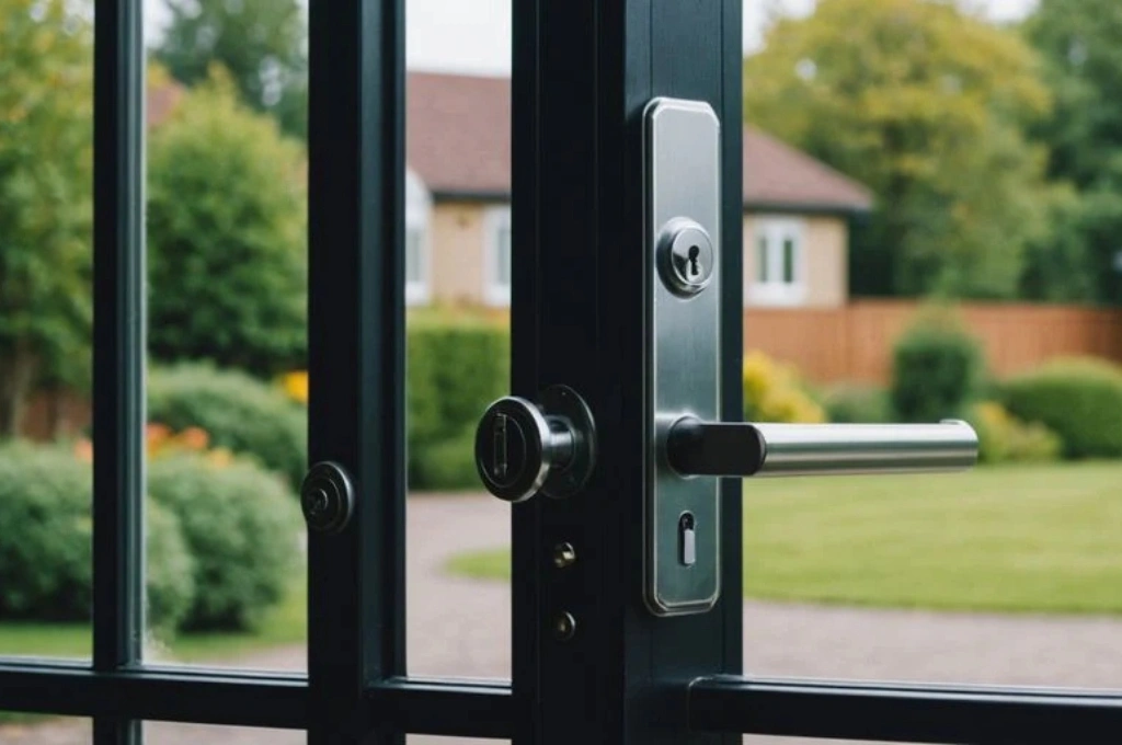 A new, high-security lock and handle installed on a sliding glass door in Garland by Windows And Doors Repair LLC, enhancing home safety.