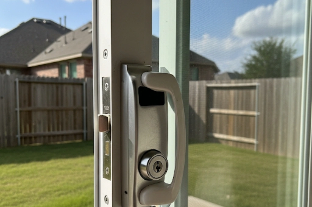 A new, secure lock installed and aligned on a sliding glass door in Mansfield, TX.