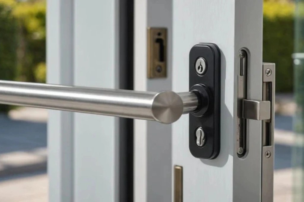 A new, secure lock installed on a sliding glass door in Corpus Christi for enhanced home safety.