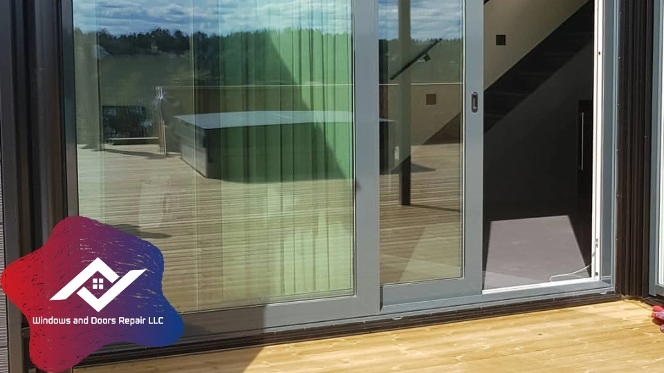 A perfectly clear, repaired sliding glass patio door offering a view of a Arlington backyard.