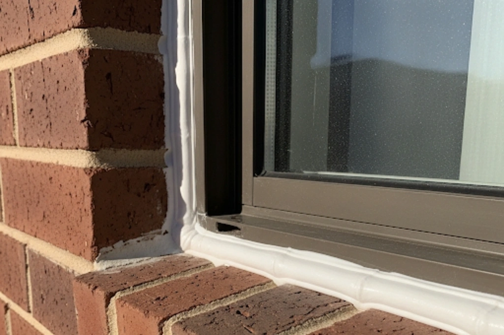 A pristine, clean line of new white waterproof caulking expertly applied around the exterior of a brick home's window in El Paso.