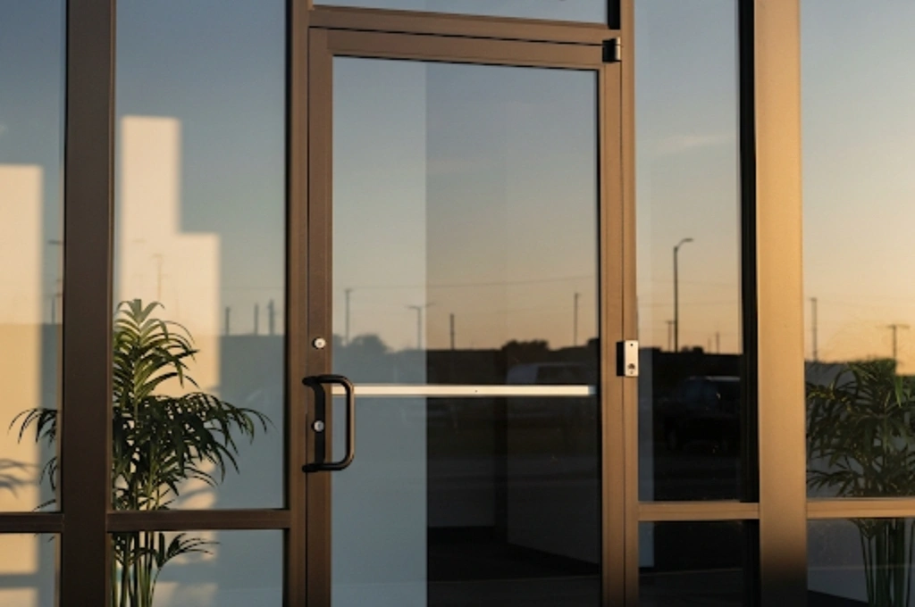 A pristine commercial glass storefront door in El Paso, functioning perfectly after a professional commercial door repair service.