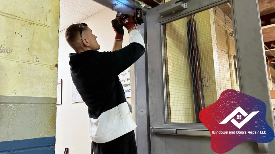 A professional performing a commercial door repair in Garland, ensuring the business entrance is safe and functional.
