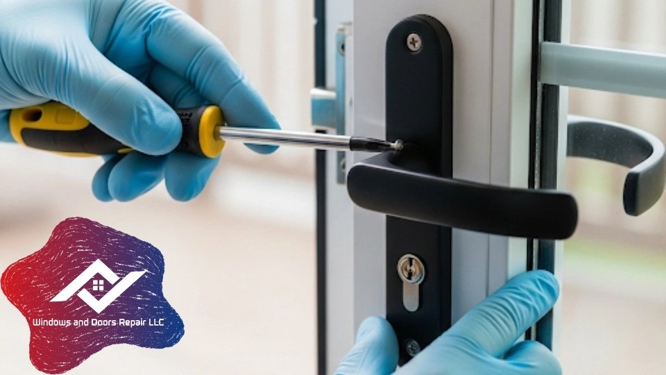 A professional technician performing a sliding glass door lock repair to enhance the security of a Arlington home