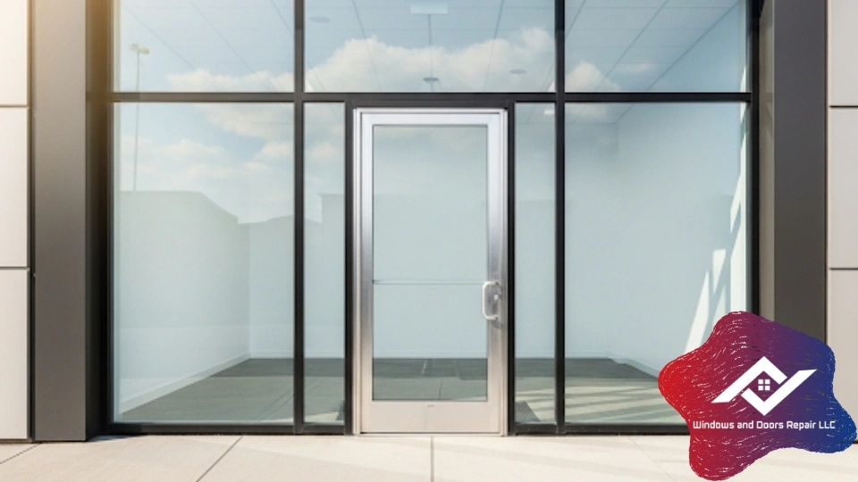A secure and functional commercial glass storefront door after a professional repair service in Arlington , TX.