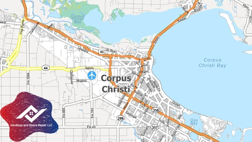 A service area map showing we offer window and door repair near me throughout the entire Corpus Christi, TX region.