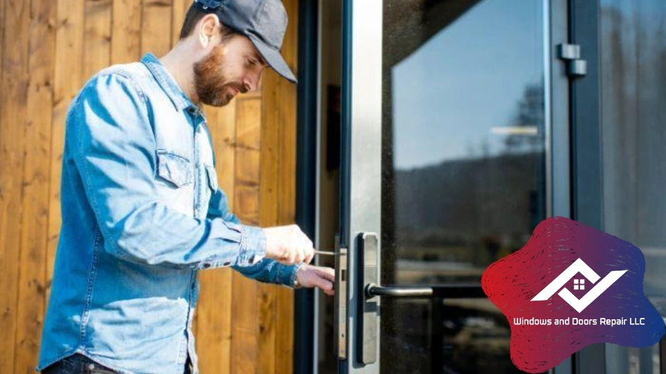A technician carefully adjusting the rollers on a sliding glass patio door that opens to a backyard in El Paso.