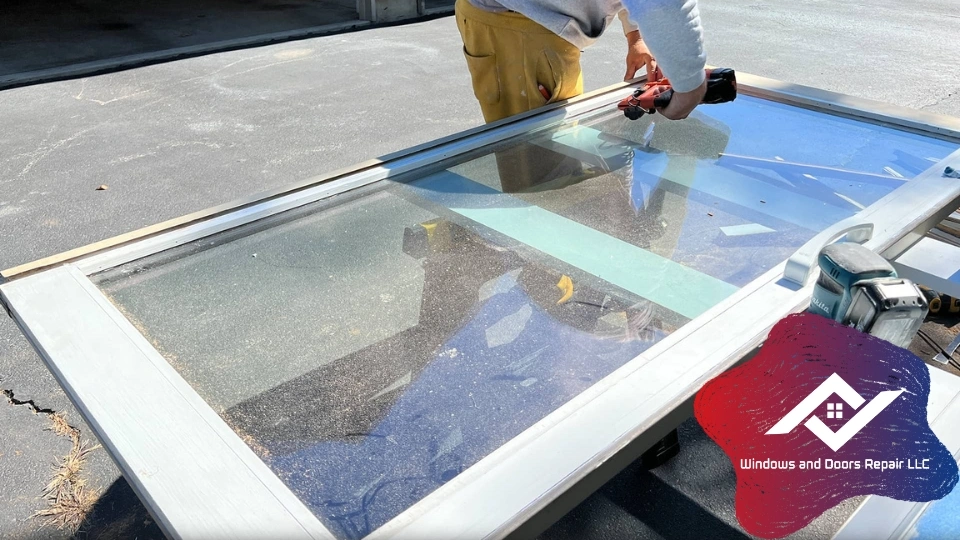A technician conducting a precise sliding glass door track repair to ensure a smooth glide in a Plano home.