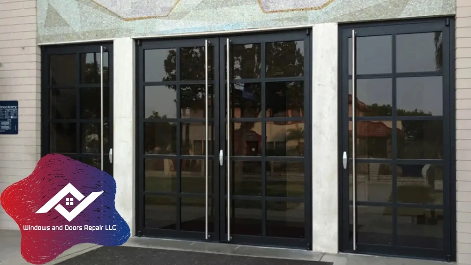 A technician from Windows And Doors Repair LLC conducting a commercial door repair on a Plano storefront.