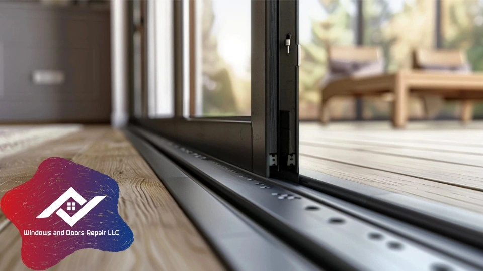 A technician performing a detailed sliding glass door track repair in Garland, ensuring a smooth and level surface for the rollers.