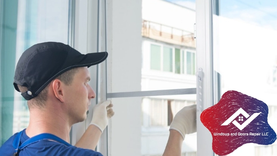 A technician performing a precise window screen replacement in Garland with a high-quality, durable new screen.