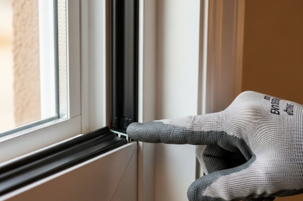 A technician's hand pointing to a newly installed, perfectly fitted weatherstripping seal on a window frame in an El Paso home.