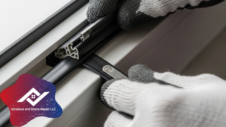 A technician's hands skillfully installing new, high-quality black window weatherstripping into the channel of a window sash.