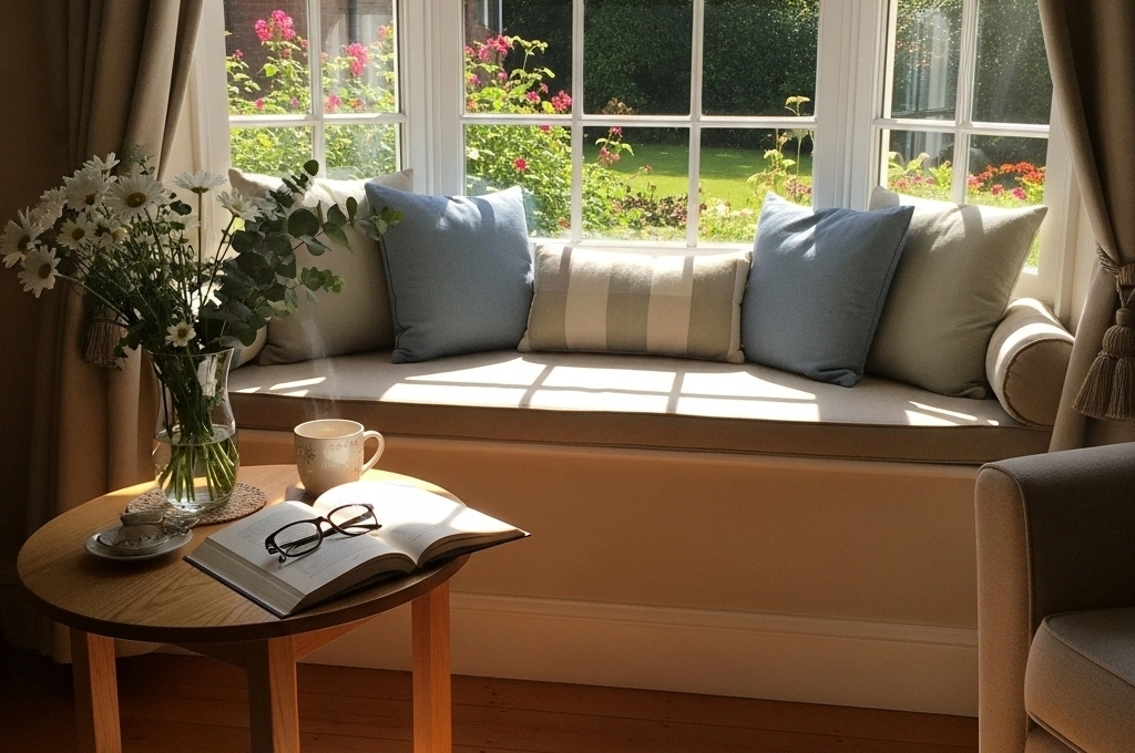 An energy-efficient bay window in a Garland home after a successful insulated glass replacement by the experts at Windows And Doors Repair LLC.
