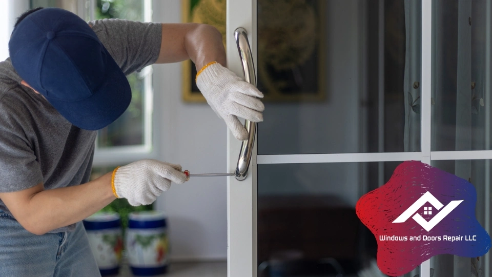 An expert performing a sliding glass door lock repair in Plano to restore a home's security.