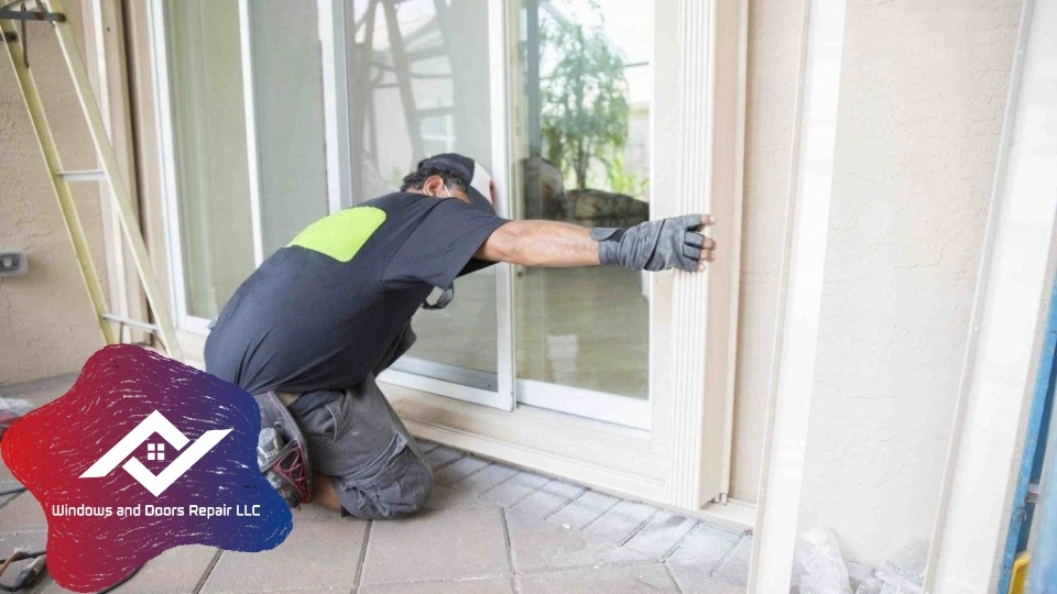An expert technician performing a sliding glass door repair in Garland by adjusting the rollers for a smooth glide.