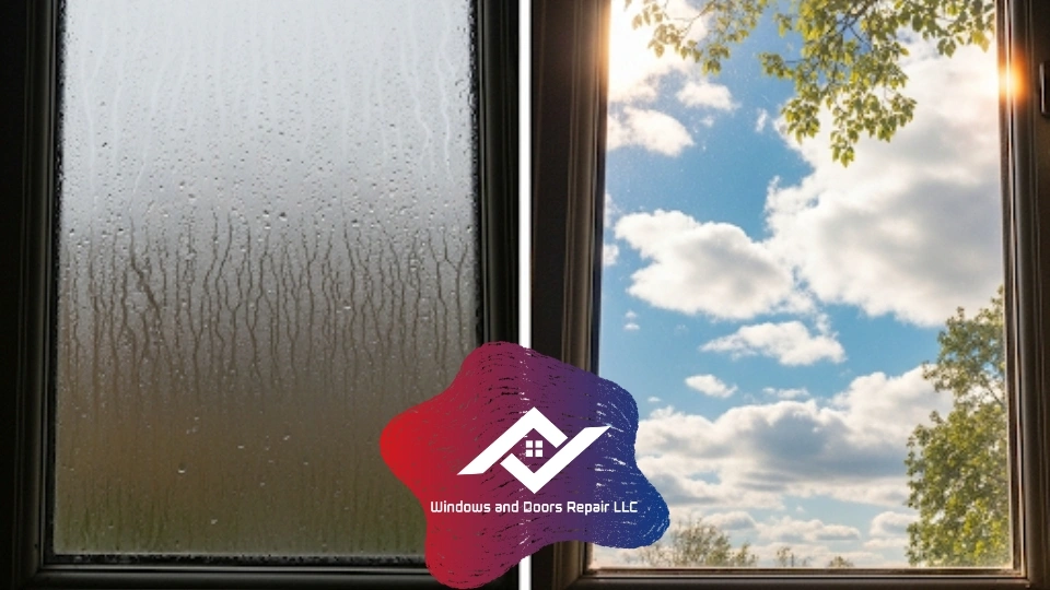 Before-and-after a double pane window repair in El Paso, showing the complete removal of fog.